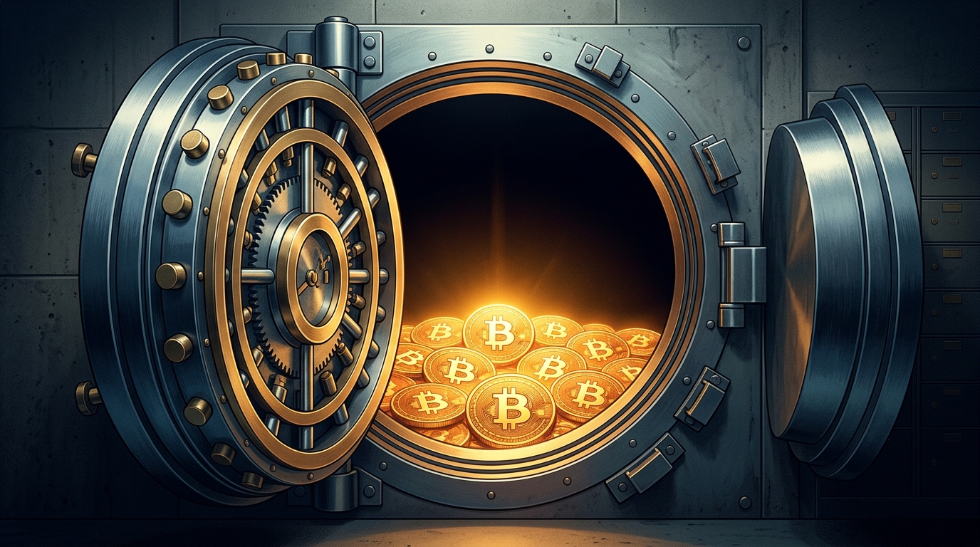 A traditional bank vault door opening to reveal glowing Bitcoin coins inside, blend of old finance and new crypto, editorial style