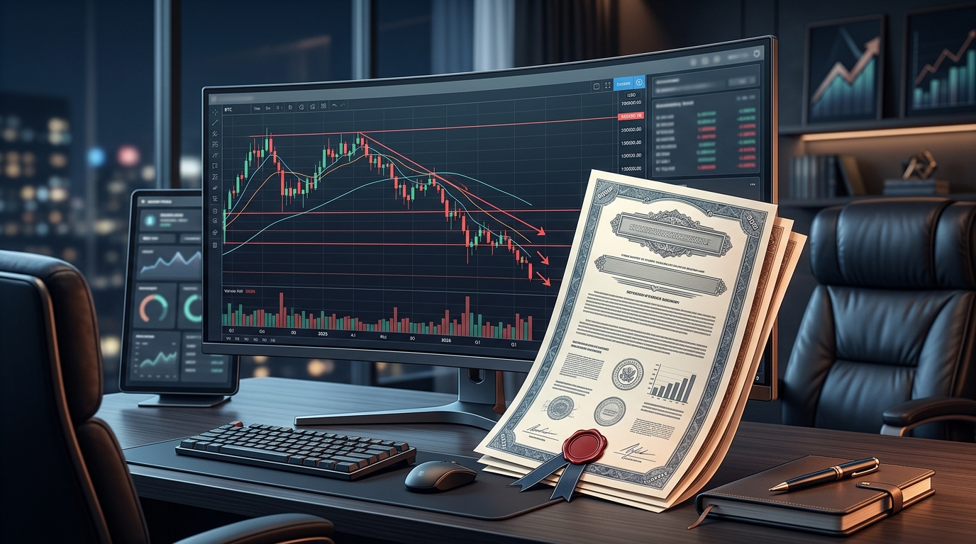 Bitcoin price chart on a trading terminal showing declining Q1 2026 trend with a bond document overlay, serious financial editorial mood