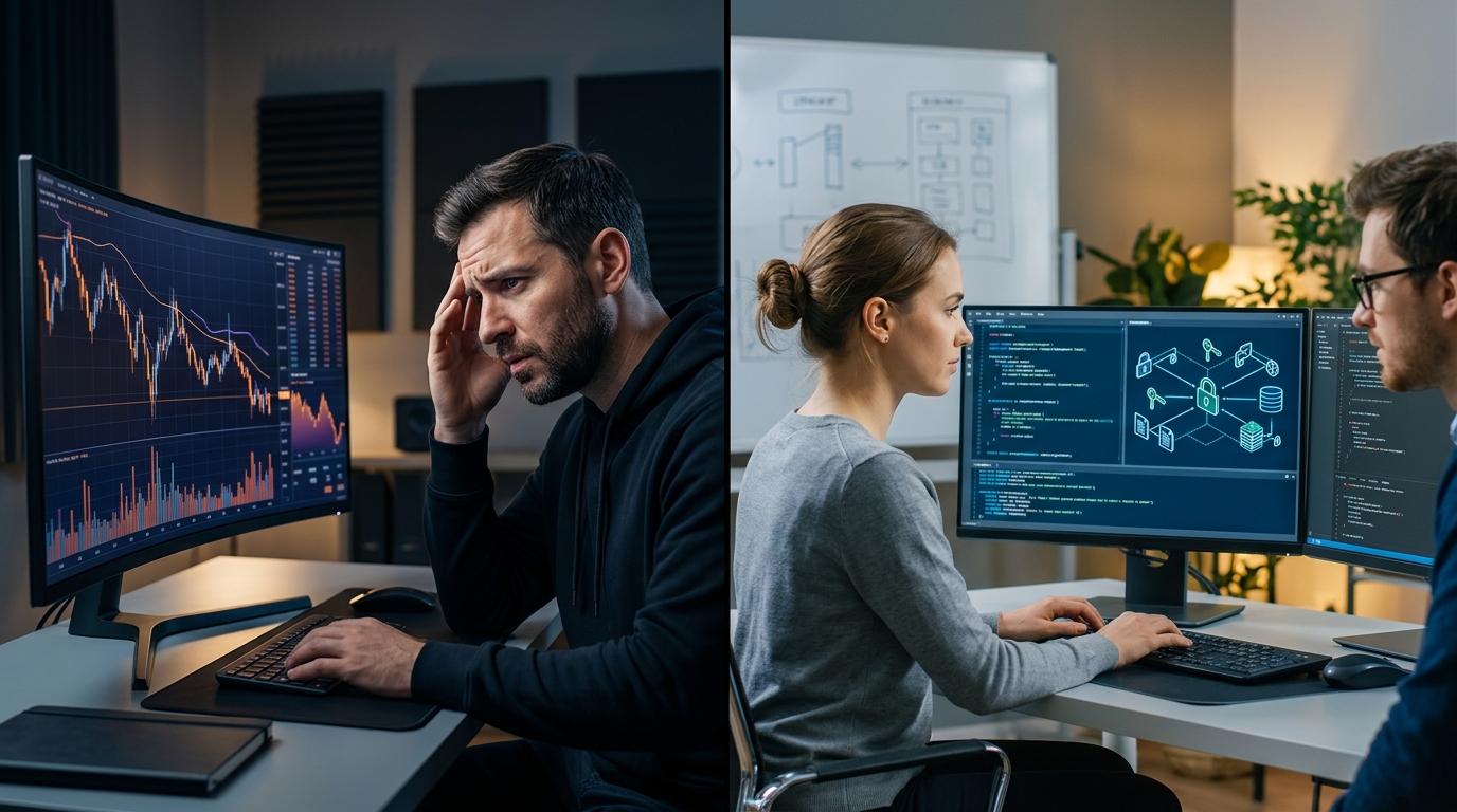 Split screen showing worried crypto traders on one side and calm developers coding quantum-resistant algorithms on the other side