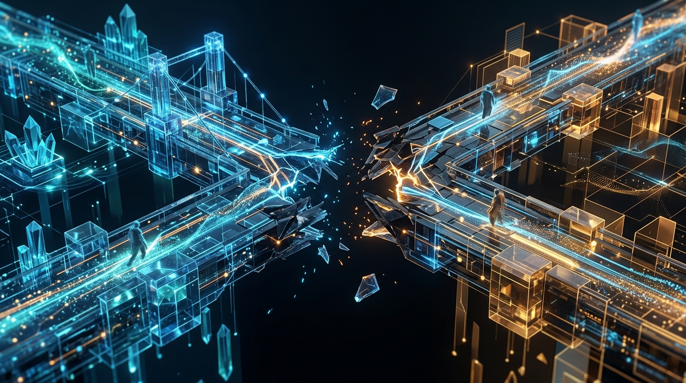 Abstract visualization of cross-chain bridge connecting two blockchain networks with a broken link in the middle