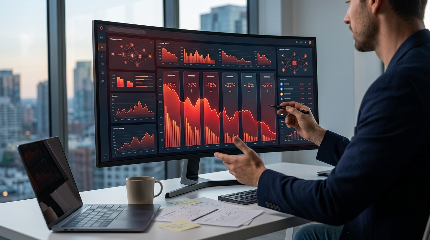 DeFi dashboard showing large red TVL decline across multiple protocols