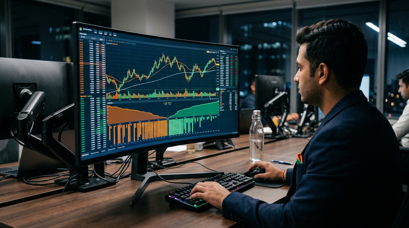 Order book and trading chart on a screen with Indian flag colors, institutional trading terminal aesthetic
